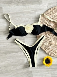 Conjunto de bikini de corte alto con aros y realce 3D para mujer, de Spandex/Nylon, de secado rápido y transpirable, con tanga, al por mayor - Product Image 4
