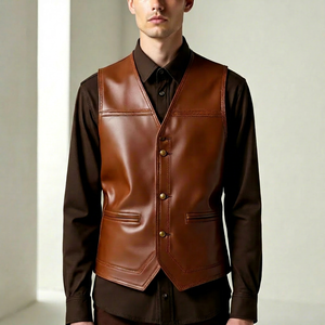 Chaleco de Cuero Genuino Marrón para Hombre, Cuello en V, Cierre de Botón de Una Sola Fila, Prenda Exterior Informal Elegante - Product Image 1