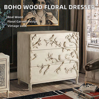 Commode en bois massif à 3 tiroirs, buffet rustique fait main avec relief floral, meuble de rangement antique pour salon