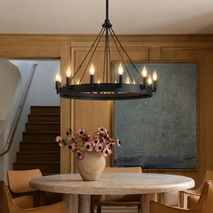 Industrial Farmhouse Circular Pendant Light Adjustable Rod Wagon Wheel Chandelier For Residential <b>Indoor</b> <b>Lighting</b> - Product Image 3