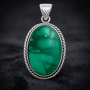 Pendentif en malachite de formes variées, pierre précieuse polie, bijou artisanal avec cadre en argent, cristal de guérison - Product Image 3