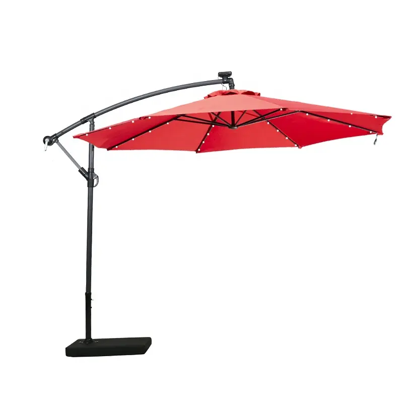 Parasol Umbrella Red Sunny Banana Umbrella Solar LED Light For Outdoor And Villa OEM ODM Outdoor Furniture