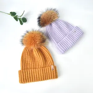 Wholesale Winter Womens Wool Knitted Hats with Real Fur Pompom Custom Stripe Pattern Warm Hat Wide Cuff Fashion Simple Ski Hat