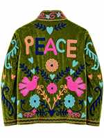 Blouson Bomber Femme Vert Olive en Velours Brodé Multicolore Uni à Manches Longues Col Montant Mode Artisanale Export B2B Coton