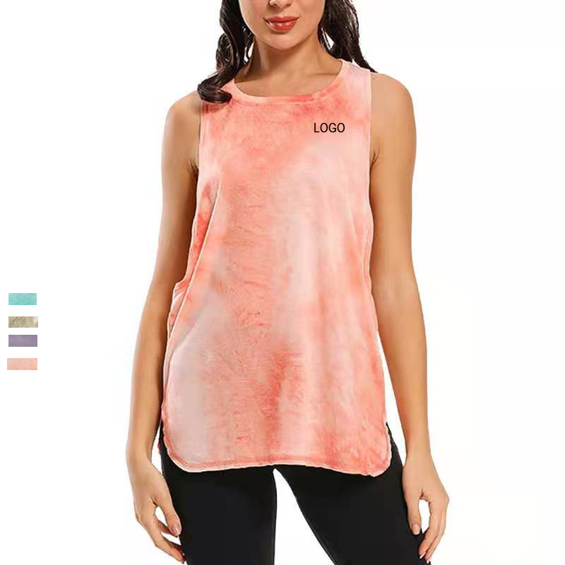 Womensport Breathable Woman Gym Crop Top Camisole Tank Tops Round Neck Tie Dye Tee Vest Sleeveless Yoga Crop Top