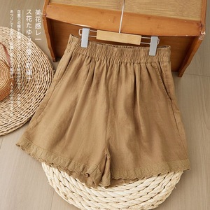 Women's Cotton Linen Shorts Beige <b>Elastic</b> Waist <b>Lace</b> Trim Casual Loose Fit Summer Pants - Product Image 1