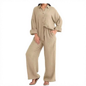 Conjunto de 2 Piezas de Lino y Algodón Holgado para Mujer, Color Sólido, Cuello Camisero, Manga Larga, Pantalones Anchos, Casual, para Todas las Temporadas - Product Image 3