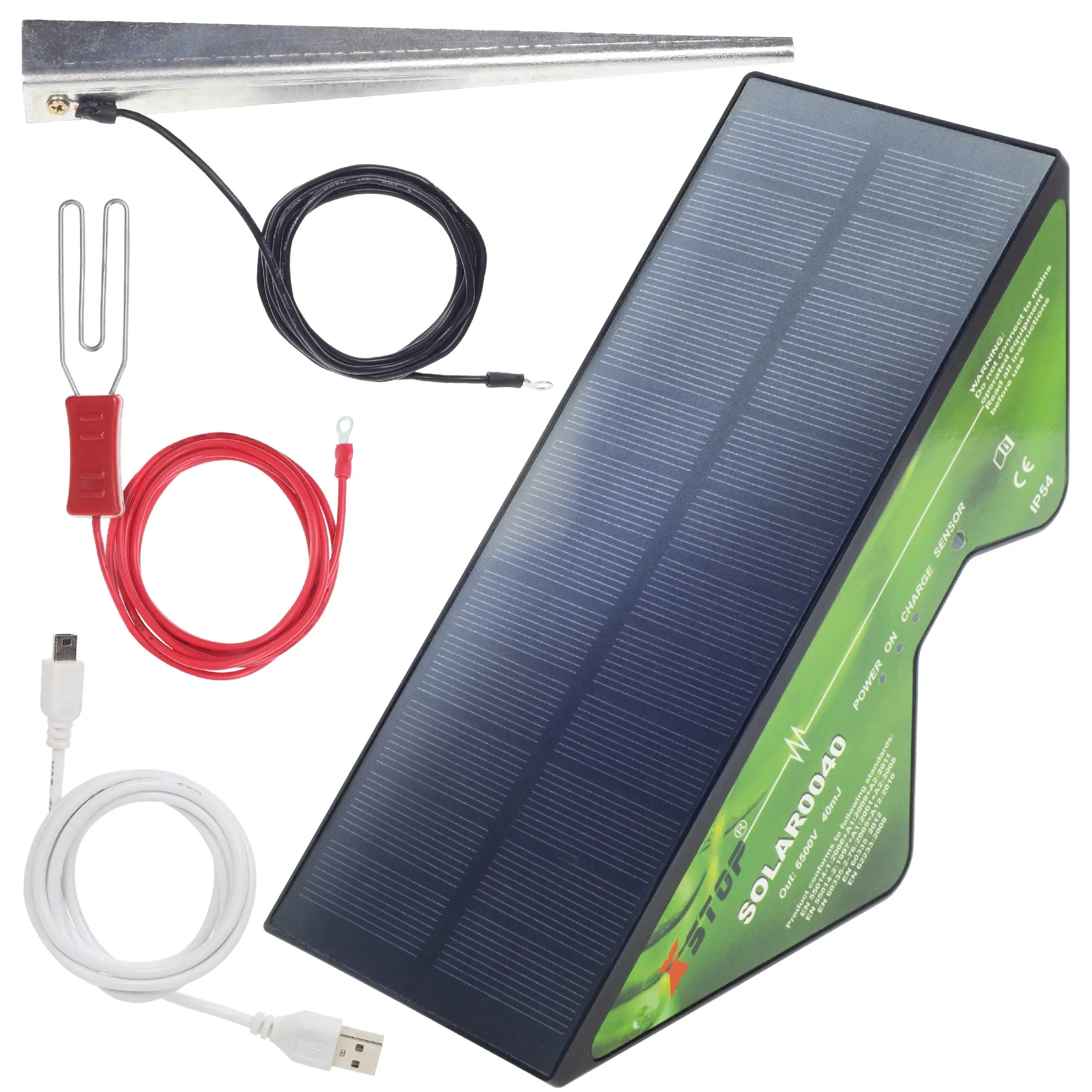 Energizador de valla eléctrica con energía solar El kit completo de rango de KM incluye Estaca de tierra y todos los cables más cable de carga USB