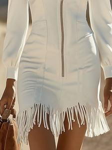 Abito Mini Vintage con Maniche Lunghe Elasticizzate e Frange, Design <span class=keywords><strong>Retrò</strong></span> Elegante, Perfetto per l'<span class=keywords><strong>Abbigliamento</strong></span> Casual, Moda Femminile - Product Image 3