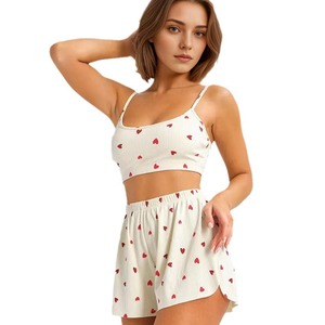 Nouvel ensemble pyjama deux pièces en tricot imprimé cœurs, style camisole et short, collection Printemps 2024, pour la maison (vente transfrontalière) - Product Image 5
