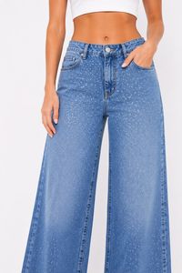 Jeans in Denim a Vita Alta e Gamba Larga con Stampa Glitterata, Vestibilità Comoda, Lunghezza Intera, Stile Casual, Blu Chiaro in Cotone - Product Image 5