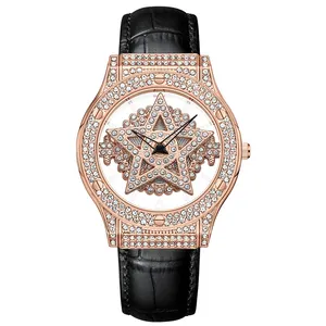 Fancy 360 Rotating Star Diamond Watch Casual Leather Ladies Alloy Wrist Watch Hollow Out Women's Quartz Watches