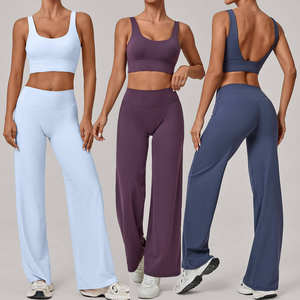 Ensemble de yoga 4 pièces de haute qualité pour femme : soutien-gorge uni élégant, pantalon taille haute à jambes larges, vêtements de sport respirants pour le Pilates et l'entraînement - Product Image 1