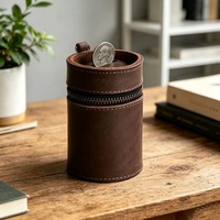 Tirelire vintage en cuir pleine fleur, boîte de rangement cylindrique pour pièces de monnaie, pochette zippée pour voiture