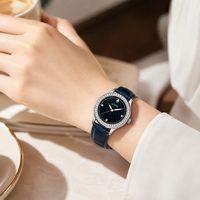Jam Tangan Wanita Midnight Star 36mm Alloy Quartz Bertabur Berlian Tali Kulit Jarum Bercahaya Tahan Air 30M Grosir