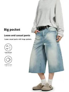 11KN Unisex Custom Wide Leg Denim <strong>Shorts</strong> - Vintage Washed <strong>Shorts</strong> with YKK Zipper Stereoscopic Cutting Premium Lightweight Denim - Product Image 1