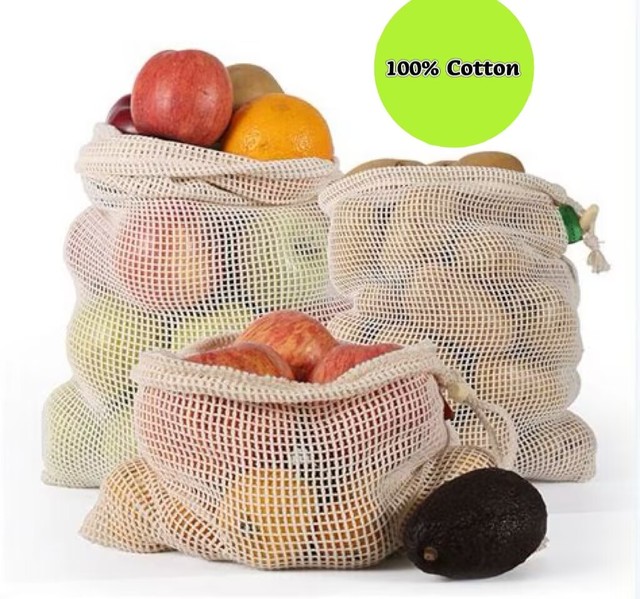 Reusable Washable Cotton Net Produce Bags Grocery Cotton Mesh Produce Bags for Veggie Fruit Vegetable Storage