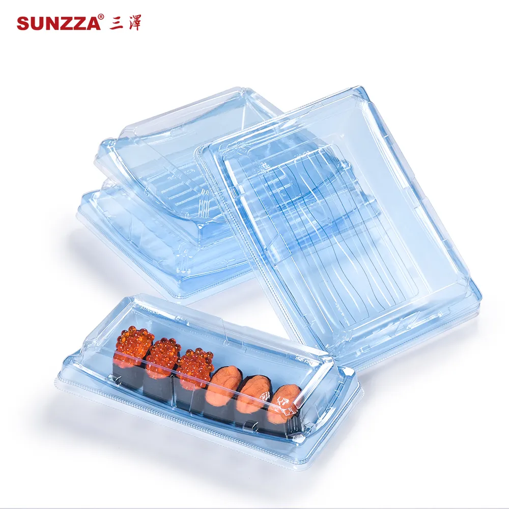 Sunzza PET plástico azul claro sushi sashimi bandeja de embalaje de grado alimenticio cuadrado/rectangular carne vegetal platos frescos