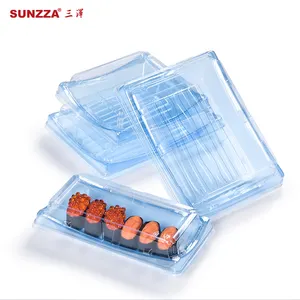 Sunzza Pet Plastic Blauwe Heldere Sushi Sashimi Verpakking Lade Food Grade Vierkante/Rechthoekige Vlees Groente Verse Borden