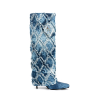 Denim genou-bottes bout carré chaussures à talons hauts 2023 nouvelle mode hiver printemps jean bottes Argyle fourrure pour femmes et dames PU