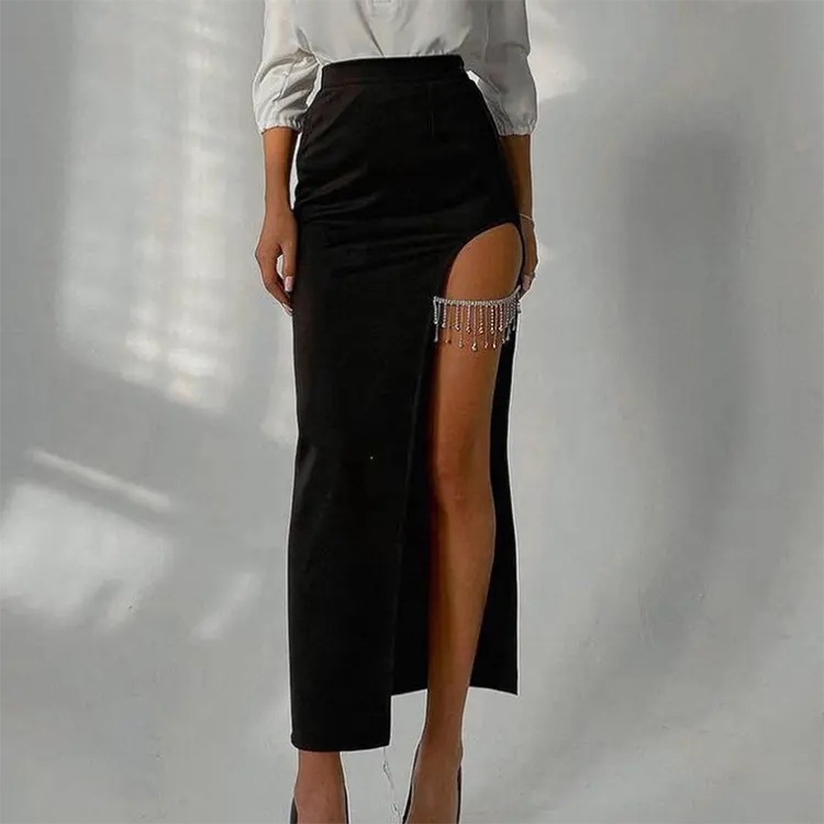 Jupe portefeuille noire Sexy à fente ronde, tenue de ville moulante avec chaîne en diamant pour femmes, nouvelle collection 2020