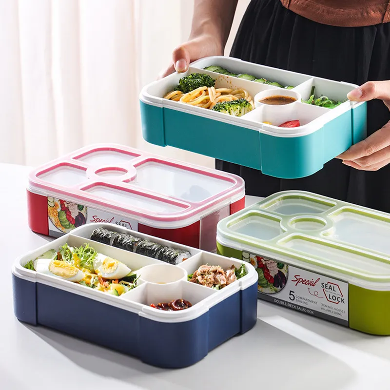 W49 Bento-Schachtel kunststoff luftdicht japanischer Stil Lebensmittel lagerung 5 lebensmittel geteiltes Fach versiegelt benutzerdefinierte Salat Mittagstisch-Schachtel