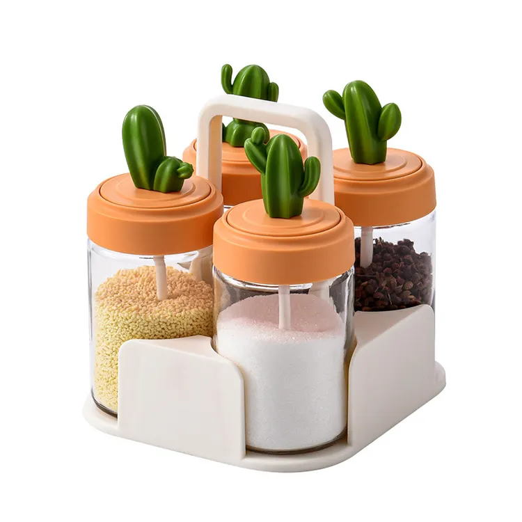 Botol bumbu kaca bentuk kaktus, Set toples penyimpanan makanan dengan rak dan sendok untuk dapur