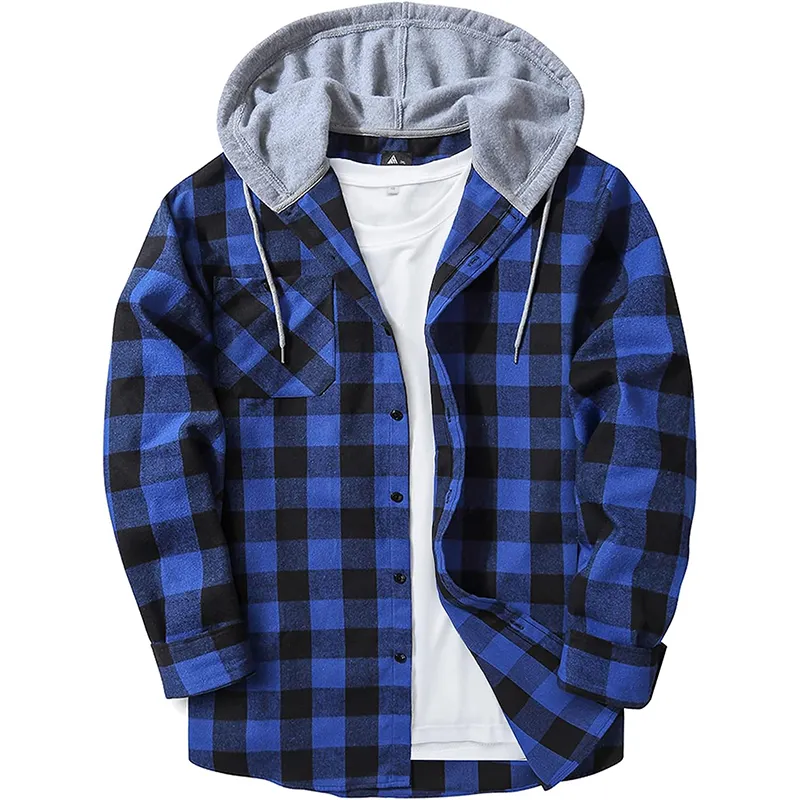High quality factory plus size casual pocket shirt fashion men's plaid hoodie fleece flannel shirts jackets