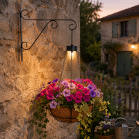 Panier suspendu éco-responsable pour plantes avec éclairage solaire, doublure en fibre de coco, chaîne et support mural en fer courbé, décoration pour la maison et le jardin