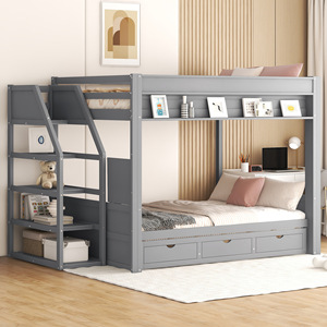 Gray Multi-functional Bunk Bed With <b>Storage</b> Drawers And Lower Sofa For <b>Kids</b> Bedroom - Product Image 2