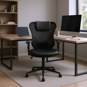 Chaise de bureau DB en cuir noir, réglable en hauteur, pivotante, avec accoudoirs et appui-tête intégré pour usage professionnel - Product Image 2
