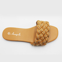 Sandales plates tressées croisées couleur nude pour femme – Élégantes, légères, pour soirées et loisirs en extérieur