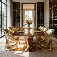 Ensemble de table à manger de luxe moderne, cadre en fibre de verre doré, plateau en marbre brillant, meubles, grand bureau rectangulaire pour villa