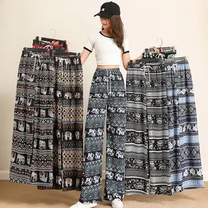 TY OEM kadınlar yaz geniş bacak Palazzo pantolon rahat gevşek Sweatpants Pockets Lounge Bohemian fil baskılı pantolon cepler ile