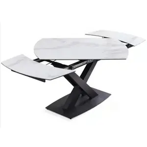 Meja Makan teleskopik desain baru, kaki logam marmer Desktop ruang makan Convertible meja makan ekstensi dapat disesuaikan