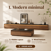 Meuble TV mural en bois de qualité ENF avec bande LED, table basse, meuble de rangement autoportant pour salon, ouverture inférieure
