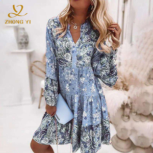 Robes Courtes Vintage Élégantes pour Femmes, Col en V, <span class=keywords><strong>Volants</strong></span>, Manches Longues, Motif Floral, Coupe Ample, Collection 2023 - Product Image 2