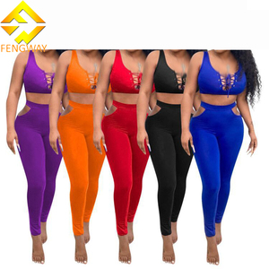 2024 Summer Lace up Tank Top and High Waist Tight Pants Solid Color Crop Top 2 Piece <strong>Legging</strong> Sets for Women - Product Image 1