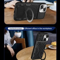 Coque pour iPhone 17 16 15 14 13 12 11 Pro Max XR XS Plus avec protection magnétique coulissante pour appareil photo, support rotatif à 360° et anneau de protection blindé