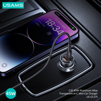 USAMS CC175 adaptor mobil 45W, desain transparan usb c ganda paduan aluminium transparan A + C pengisi daya mobil Mini untuk ponsel