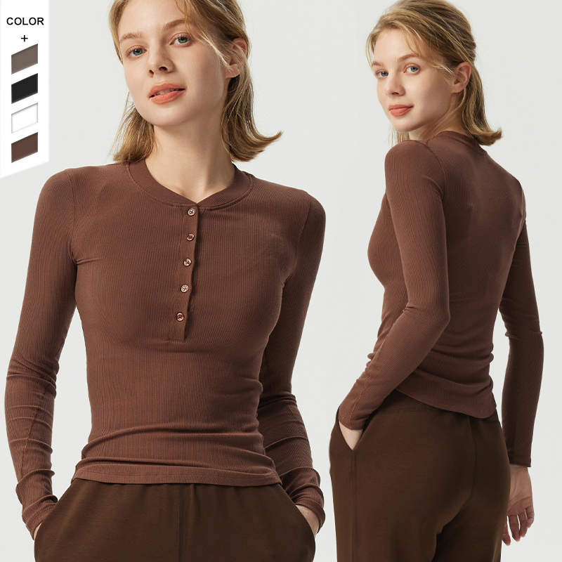 Factory Direct Sale New Yoga Wear Women's Round Neck Button Long-Sleeved Breathable High Elastic Lightweight Sports T-Shirt