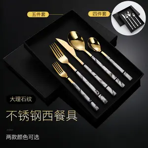 Hot bán thép không gỉ dao kéo Bộ đồ ăn 5 cái Set mô hình ngọc bích xử lý dao muỗng nĩa Flatware Quà Tặng Vàng Set
