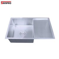 SANIPRO wastafel dapur Stainless Steel, mangkuk tunggal Ukuran Apartemen SS304, wastafel dapur Stainless Steel dengan papan pengering