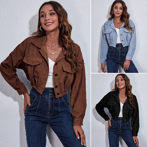 Women Turn Down Collar <b>Cropped</b> Corduroy Jackets Autumn Pocket Button Long Sleeve Solid <b>Tops</b> - Product Image 2
