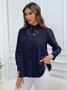 Elegant <b>Navy</b> <b>Lace</b> Mandarin Collar Blouse Full Sleeve Solid Women's Blouse Spring Chiffon Shirt - Product Image 2