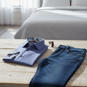 Slim Fit Men's Shirt with Blue Jeans Look, Floral Pattern Detail on Collar and <b>Cuff</b> - Product Image 3