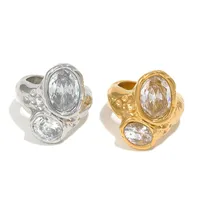 Unregelmäßiger Ring mit gehämmerter Lava-Textur, doppeltem ovalem klarem Zirkonia-Einlage, klobiger Statement-Ring, Edelstahl-Modeschmuckring