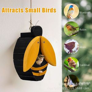 Wooden Bee Shaped Birdhouse <b>Hanging</b> Outdoor <b>Garden</b> Ornament For Pet Birds Painted Tree Material - Product Image 3
