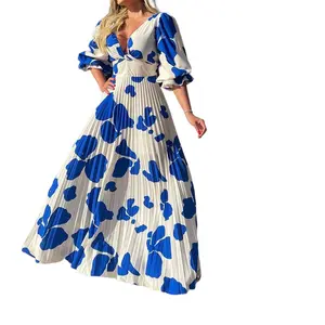2023 Spring New European and American Women's Fashion Elegant Print Large Swing Mid length Holiday Dress