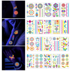 Disegni assortiti fluorescenti trasferimento acqua tatuaggio adesivi carta Body Art per eventi feste bianco stampa acqua diretta - Product Image 1